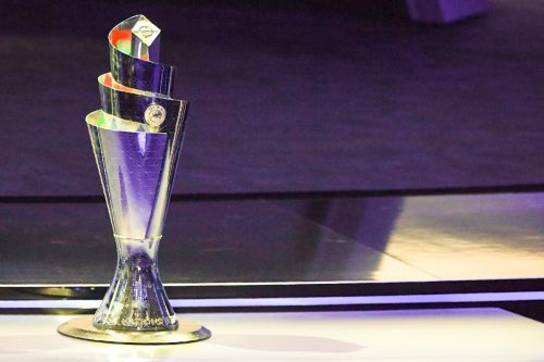 Der Pokal der UEFA Nations League wurde bei der Auslosung in Lausanne, am 24.Januar 2018 präsentiert. Der Sieger der Nations League wird im Juni 2019 ausgespielt. / AFP PHOTO / Philippe DESMAZES
